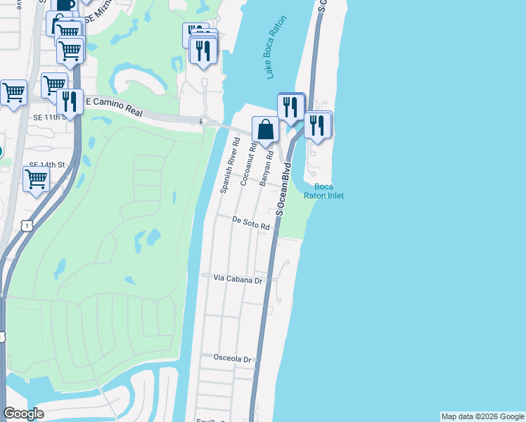 map of restaurants, bars, coffee shops, grocery stores, and more near 950 Ponce De Leon Road in Boca Raton
