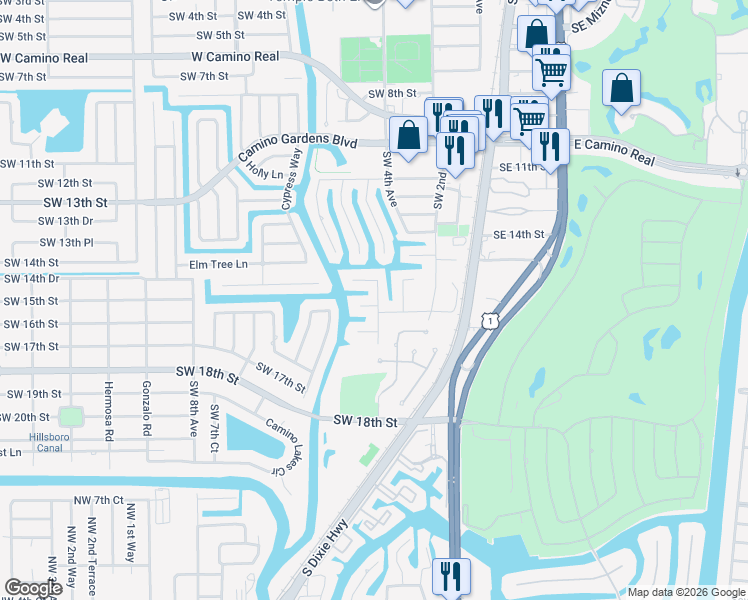 map of restaurants, bars, coffee shops, grocery stores, and more near 1524 Southwest 5th Avenue in Boca Raton