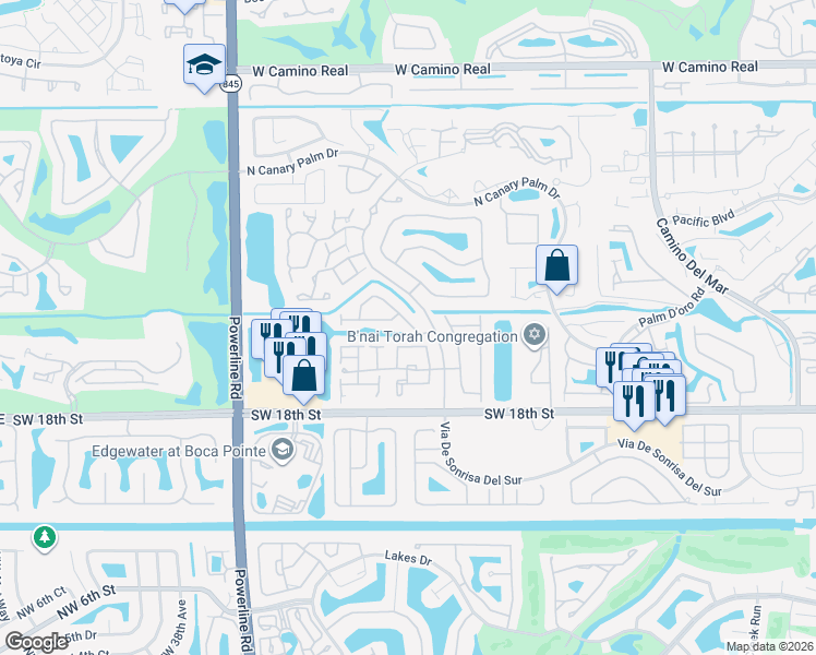 map of restaurants, bars, coffee shops, grocery stores, and more near 23230 Via De Sonrisa Del North in Boca Raton