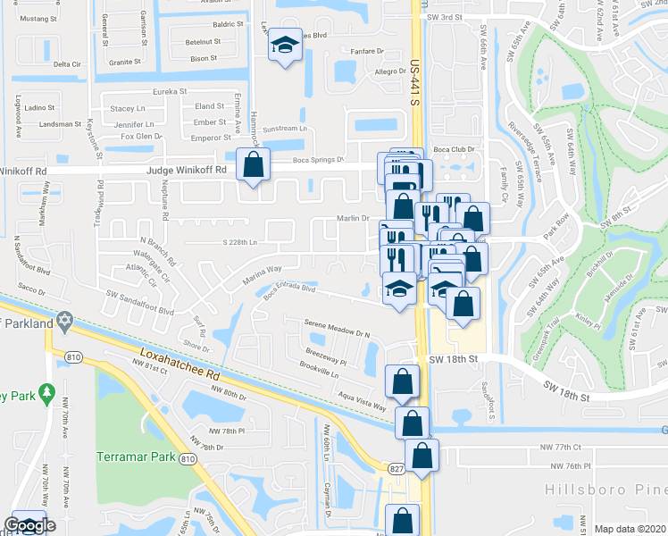map of restaurants, bars, coffee shops, grocery stores, and more near 22922 Cascade Road in Boca Raton