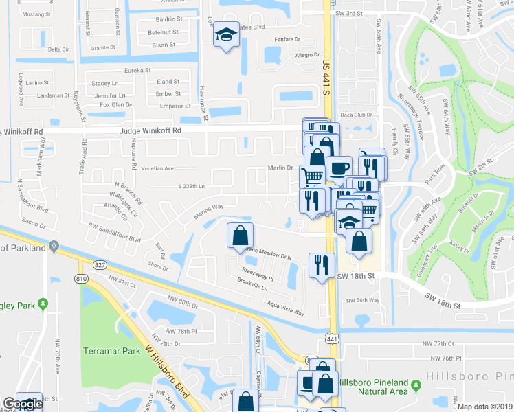 map of restaurants, bars, coffee shops, grocery stores, and more near 22922 Sailfish Road in Boca Raton