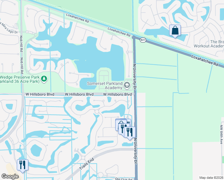 map of restaurants, bars, coffee shops, grocery stores, and more near 9590 Town Parc Circle North in Parkland