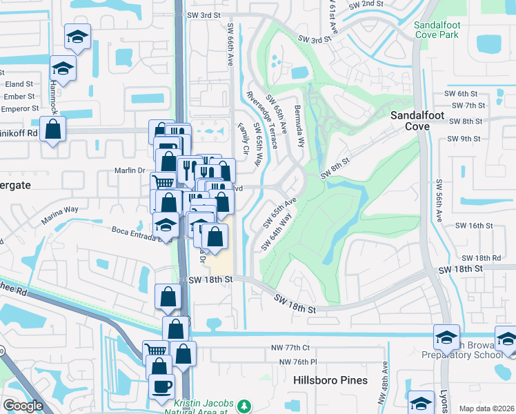 map of restaurants, bars, coffee shops, grocery stores, and more near 1441 Southwest 65th Way in Boca Raton
