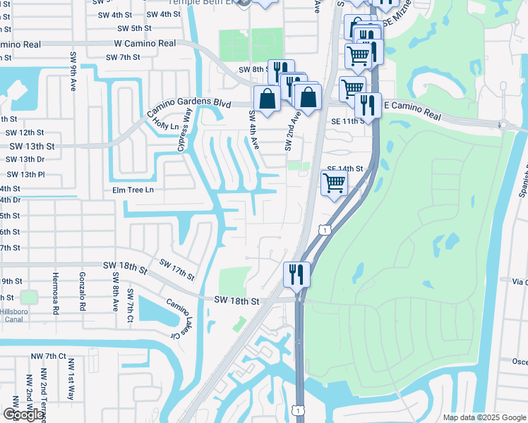 map of restaurants, bars, coffee shops, grocery stores, and more near 300 Southwest 15th Street in Boca Raton