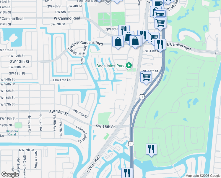 map of restaurants, bars, coffee shops, grocery stores, and more near 1524 Southwest 5th Avenue in Boca Raton