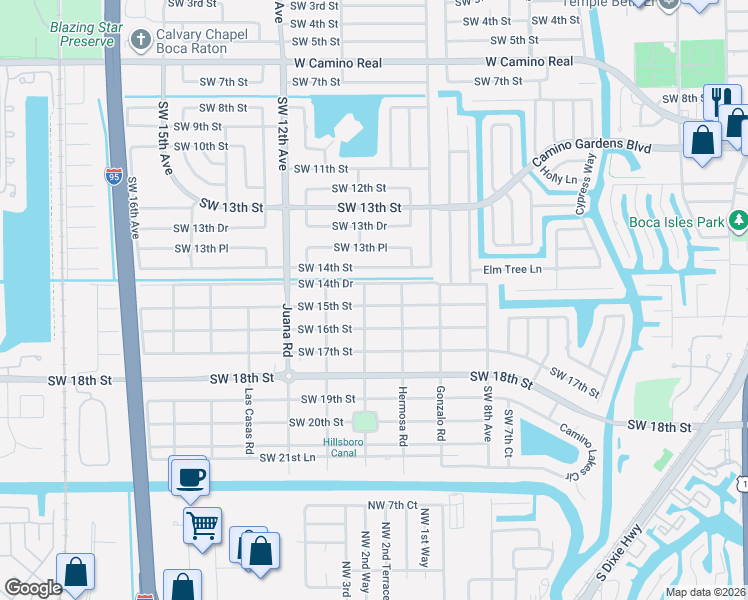 map of restaurants, bars, coffee shops, grocery stores, and more near 1455 Isabel Road East in Boca Raton