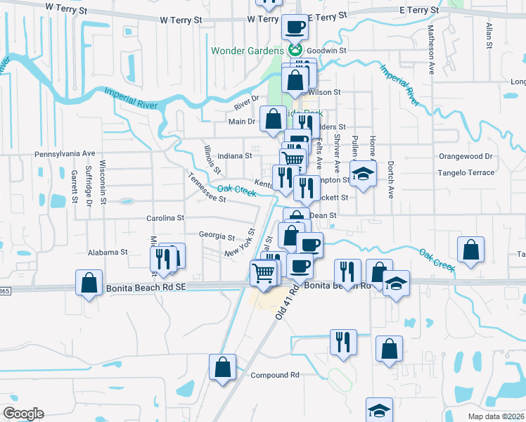 map of restaurants, bars, coffee shops, grocery stores, and more near 27734 Tennessee Street in Bonita Springs