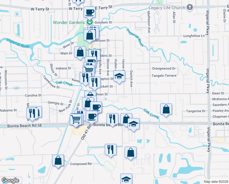 map of restaurants, bars, coffee shops, grocery stores, and more near 10701 Dean Street in Bonita Springs
