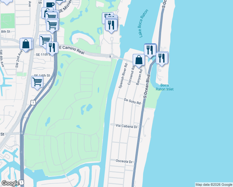 map of restaurants, bars, coffee shops, grocery stores, and more near 1151 Spanish River Road in Boca Raton