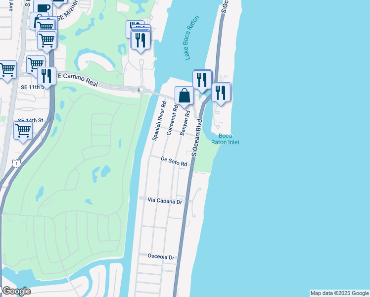 map of restaurants, bars, coffee shops, grocery stores, and more near 950 Ponce De Leon Road in Boca Raton