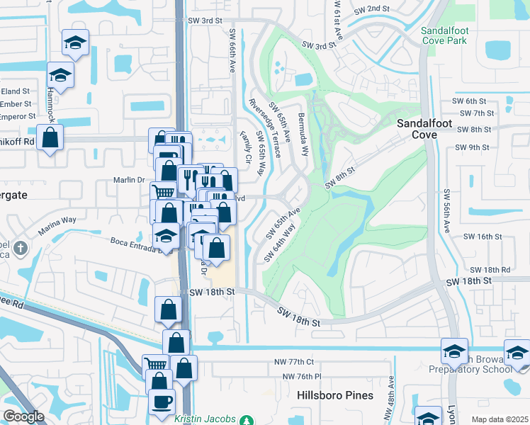 map of restaurants, bars, coffee shops, grocery stores, and more near 1471 Southwest 65th Terrace in Boca Raton