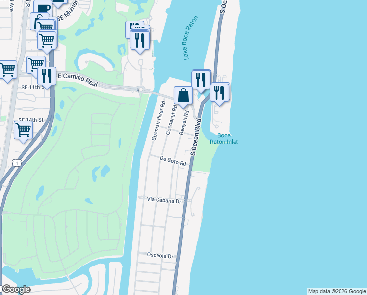 map of restaurants, bars, coffee shops, grocery stores, and more near 950 Ponce De Leon Road in Boca Raton