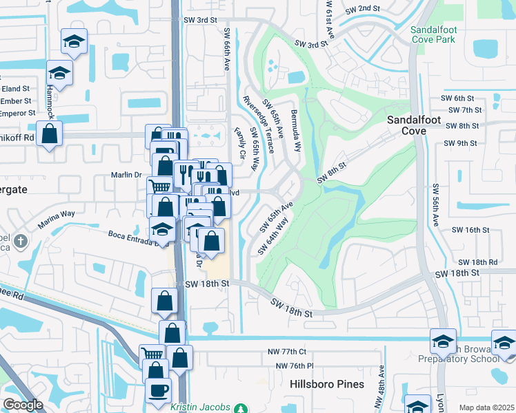 map of restaurants, bars, coffee shops, grocery stores, and more near 1471 Southwest 65th Terrace in Boca Raton