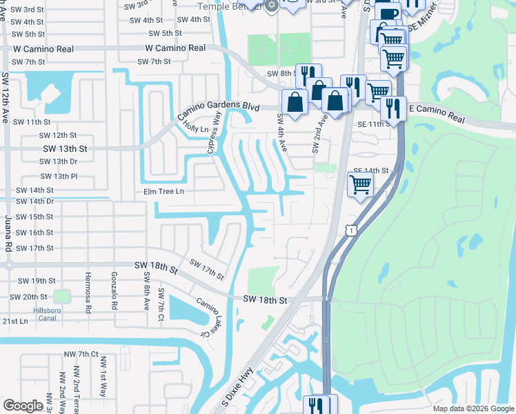 map of restaurants, bars, coffee shops, grocery stores, and more near 595 Southwest 15th Street in Boca Raton