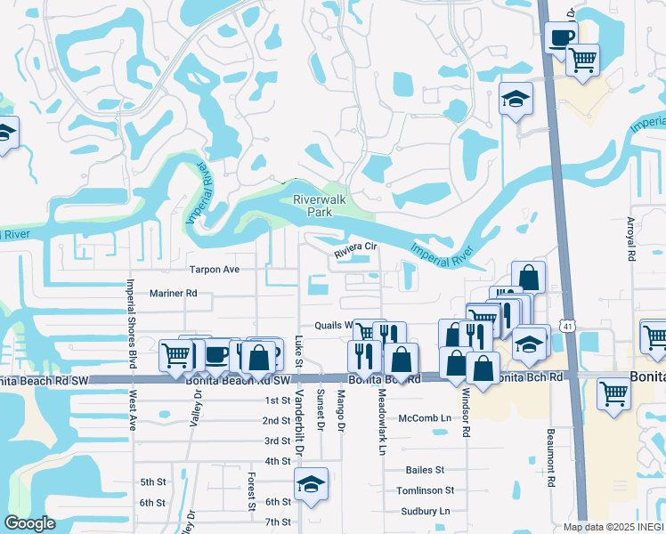 map of restaurants, bars, coffee shops, grocery stores, and more near 3627 Riviera Circle in Bonita Springs