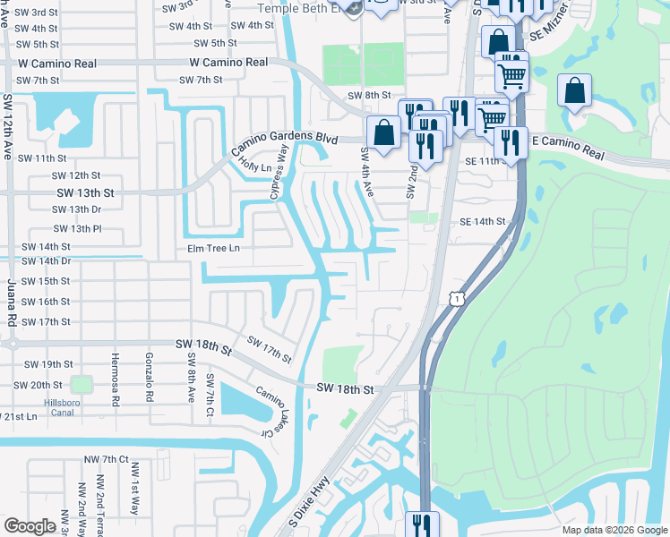 map of restaurants, bars, coffee shops, grocery stores, and more near 595 Southwest 15th Street in Boca Raton
