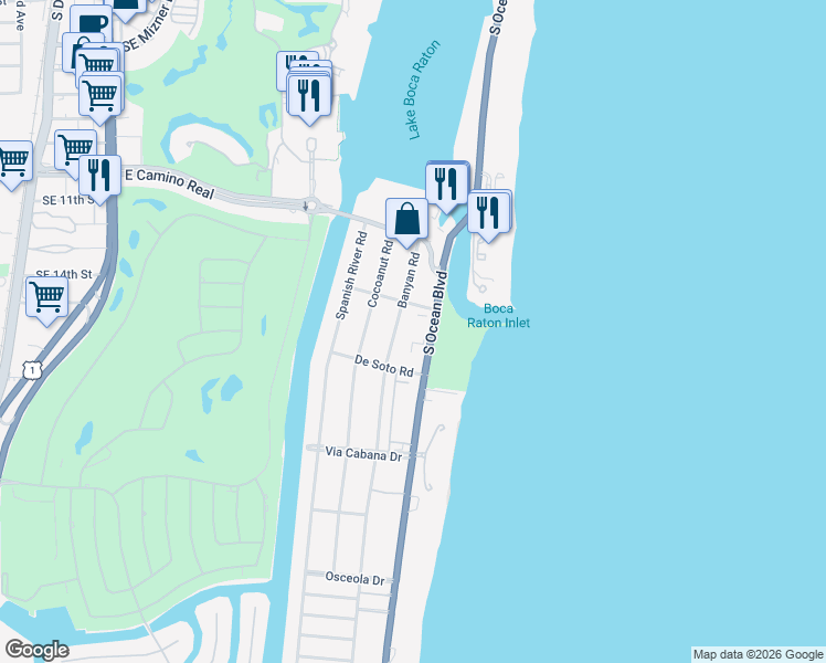 map of restaurants, bars, coffee shops, grocery stores, and more near 950 Ponce De Leon Road in Boca Raton