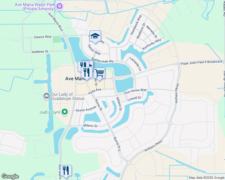 map of restaurants, bars, coffee shops, grocery stores, and more near 4949 Milano Street in Ave Maria