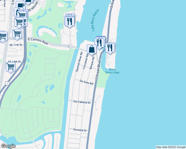 map of restaurants, bars, coffee shops, grocery stores, and more near 1111 South Ocean Boulevard in Boca Raton