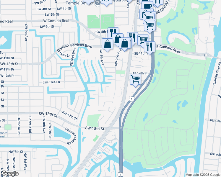 map of restaurants, bars, coffee shops, grocery stores, and more near 300 Southwest 15th Street in Boca Raton