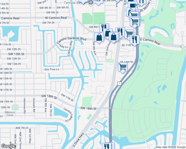 map of restaurants, bars, coffee shops, grocery stores, and more near 1524 Southwest 5th Avenue in Boca Raton