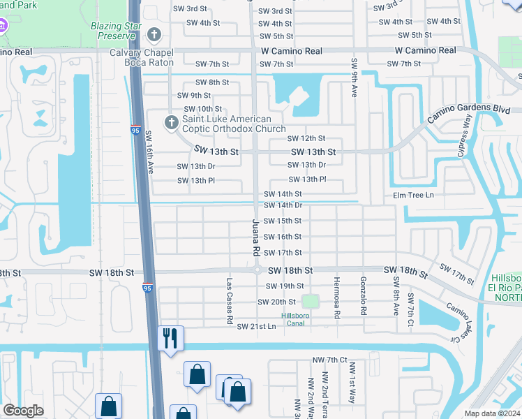 map of restaurants, bars, coffee shops, grocery stores, and more near 1440 Juana Road in Boca Raton