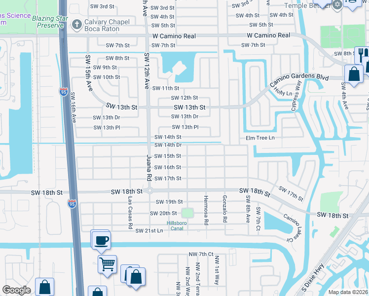 map of restaurants, bars, coffee shops, grocery stores, and more near 1455 Isabel Road East in Boca Raton