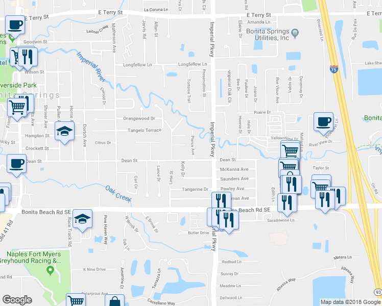 map of restaurants, bars, coffee shops, grocery stores, and more near 27730 Pierce Avenue in Bonita Springs
