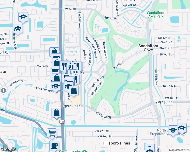 map of restaurants, bars, coffee shops, grocery stores, and more near 1471 Southwest 65th Terrace in Boca Raton