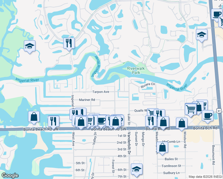 map of restaurants, bars, coffee shops, grocery stores, and more near 27588 Bayview Drive in Bonita Springs