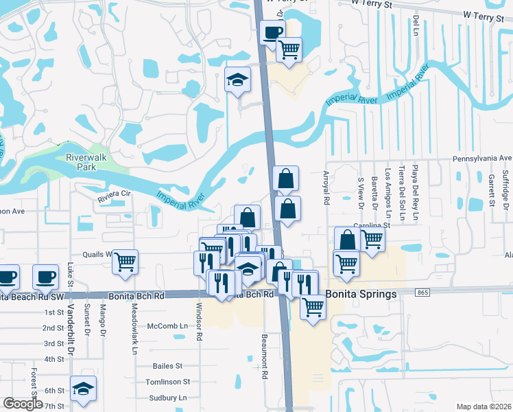 map of restaurants, bars, coffee shops, grocery stores, and more near River Park Entrance Road in Bonita Springs