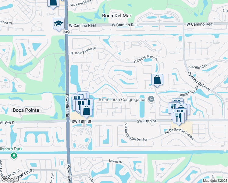 map of restaurants, bars, coffee shops, grocery stores, and more near 23230 Via De Sonrisa Del North in Boca Raton