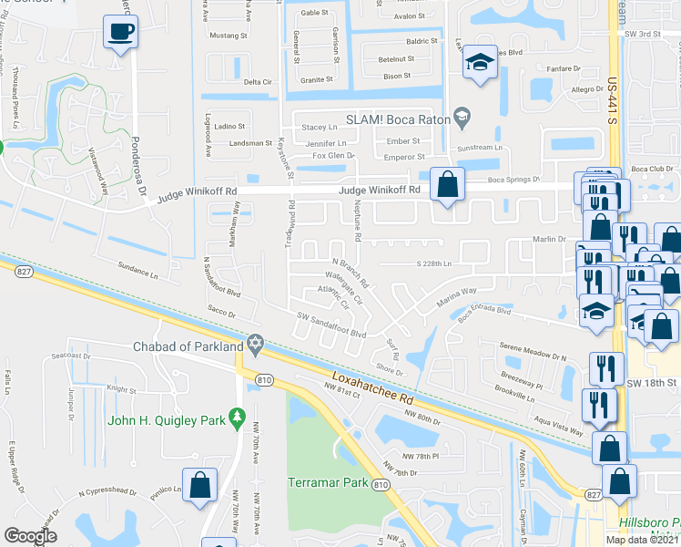 map of restaurants, bars, coffee shops, grocery stores, and more near 11790 North Branch Road in Boca Raton