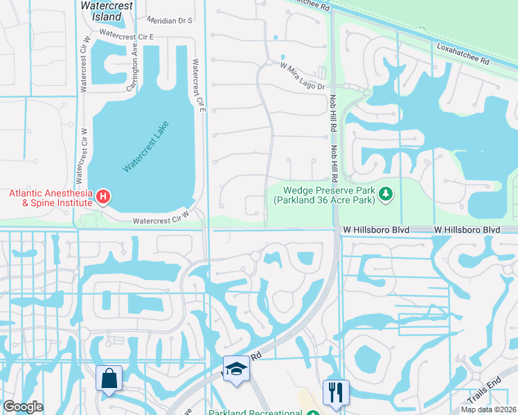 map of restaurants, bars, coffee shops, grocery stores, and more near Aqua Street in Parkland