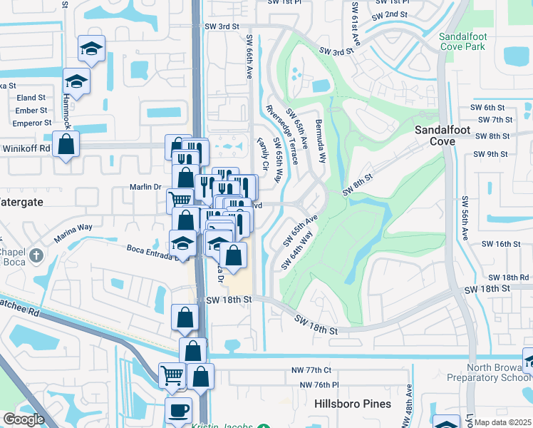 map of restaurants, bars, coffee shops, grocery stores, and more near 1441 Southwest 65th Way in Boca Raton
