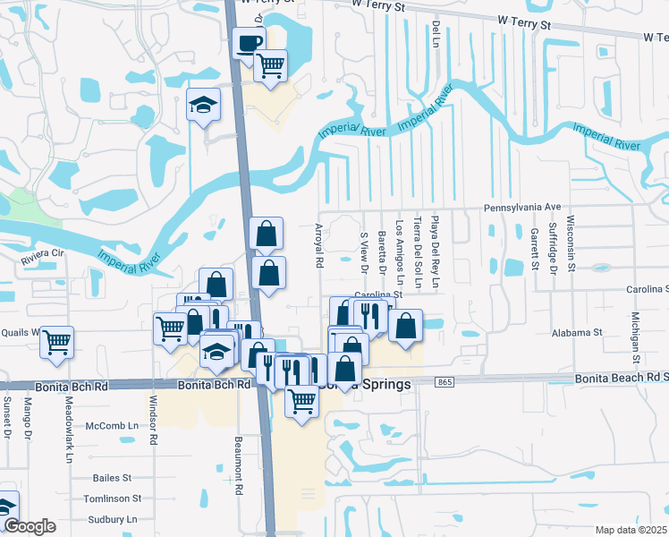 map of restaurants, bars, coffee shops, grocery stores, and more near 27601 Arroyal Road in Bonita Springs