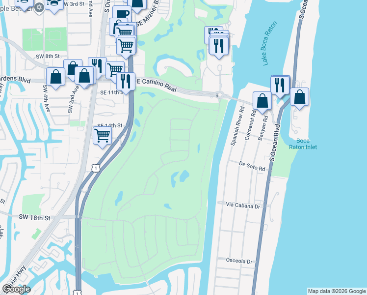 map of restaurants, bars, coffee shops, grocery stores, and more near 283 Sabal Palm Terrace in Boca Raton