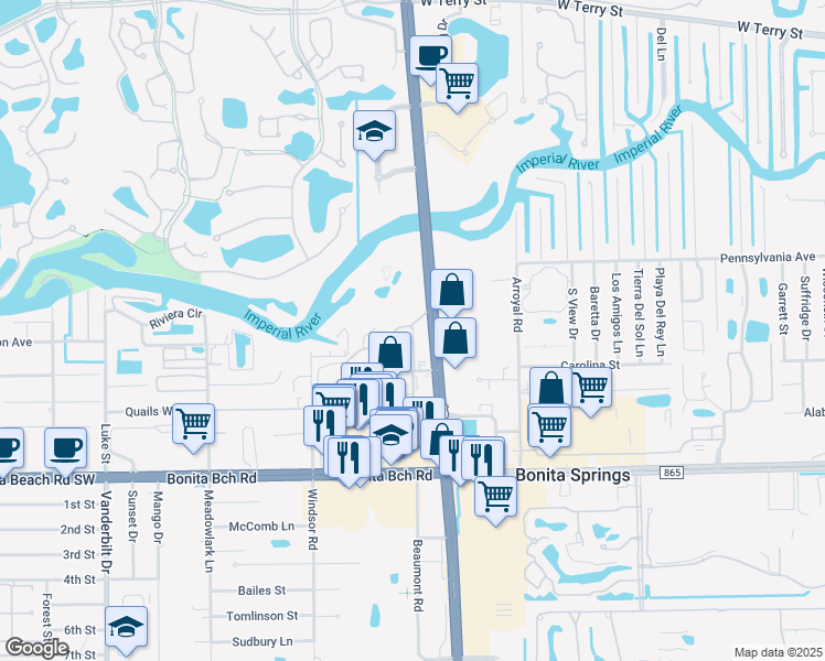 map of restaurants, bars, coffee shops, grocery stores, and more near River Park Entrance Road in Bonita Springs