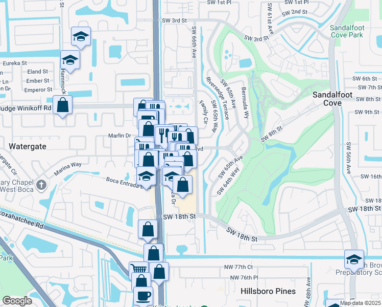 map of restaurants, bars, coffee shops, grocery stores, and more near 9844 Sandalfoot Boulevard in Boca Raton