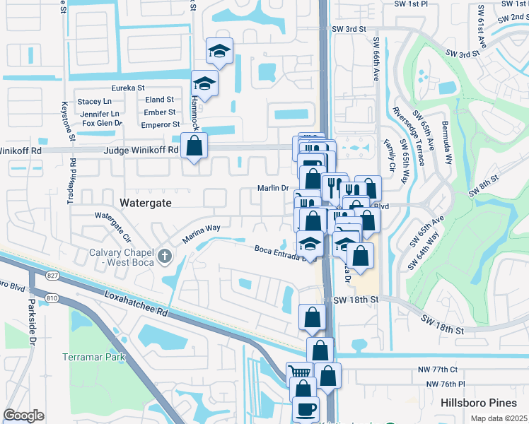 map of restaurants, bars, coffee shops, grocery stores, and more near 22922 Cascade Road in Boca Raton