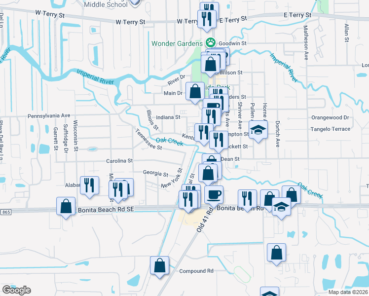 map of restaurants, bars, coffee shops, grocery stores, and more near 27734 Tennessee Street in Bonita Springs
