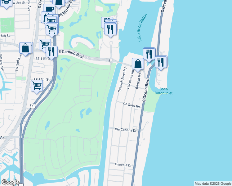 map of restaurants, bars, coffee shops, grocery stores, and more near 1151 Spanish River Road in Boca Raton