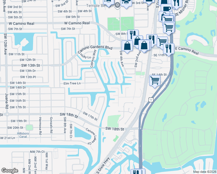 map of restaurants, bars, coffee shops, grocery stores, and more near 595 SW 15th St in Boca Raton