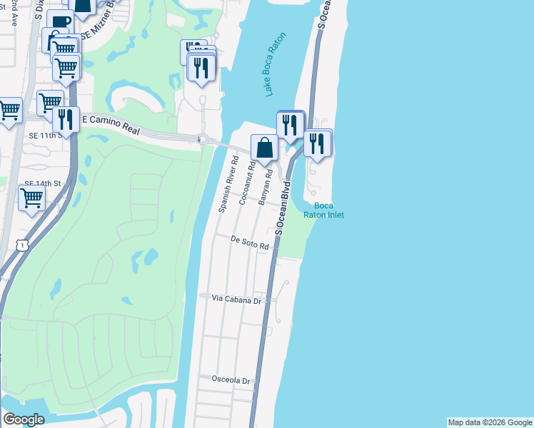map of restaurants, bars, coffee shops, grocery stores, and more near 950 Ponce De Leon Road in Boca Raton