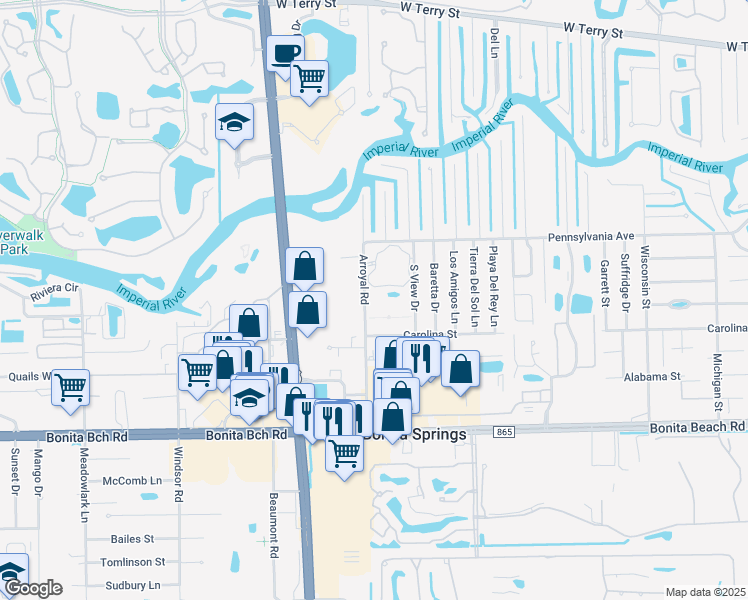 map of restaurants, bars, coffee shops, grocery stores, and more near 27601 Arroyal Road in Bonita Springs