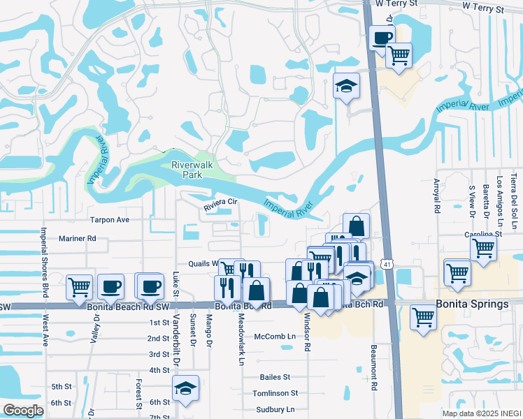 map of restaurants, bars, coffee shops, grocery stores, and more near 3622 Margina Circle in Bonita Springs