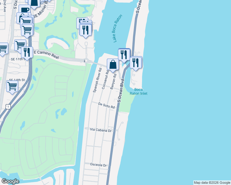 map of restaurants, bars, coffee shops, grocery stores, and more near 950 Ponce De Leon Road in Boca Raton