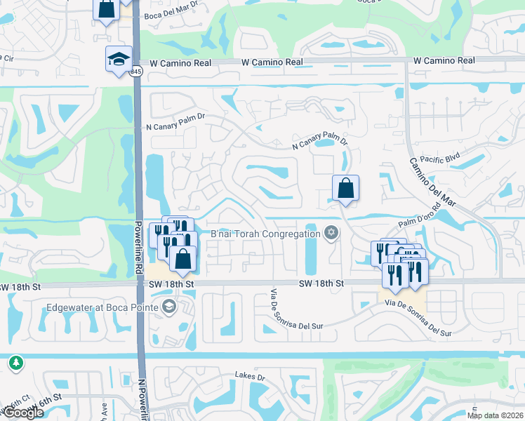 map of restaurants, bars, coffee shops, grocery stores, and more near 23230 Via De Sonrisa Del North in Boca Raton