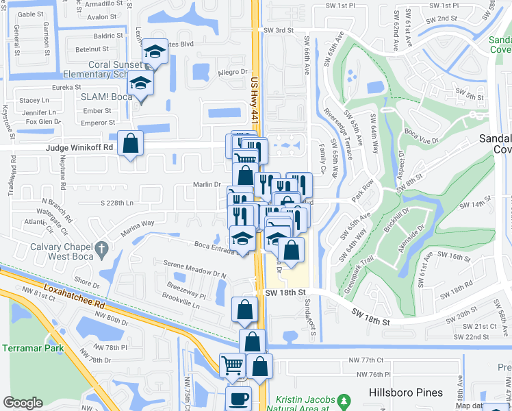 map of restaurants, bars, coffee shops, grocery stores, and more near Florida 7 & Sandalfoot Boulevard West in Boca Raton
