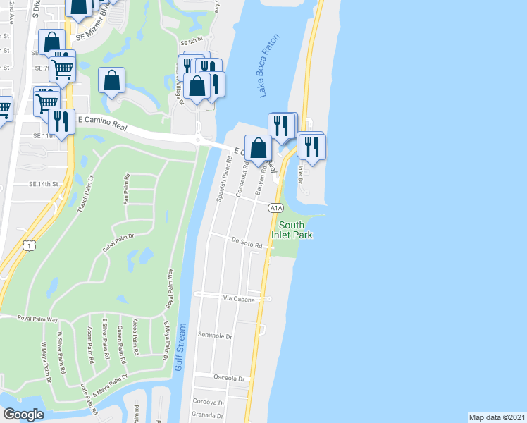 map of restaurants, bars, coffee shops, grocery stores, and more near 950 Ponce De Leon Road in Boca Raton